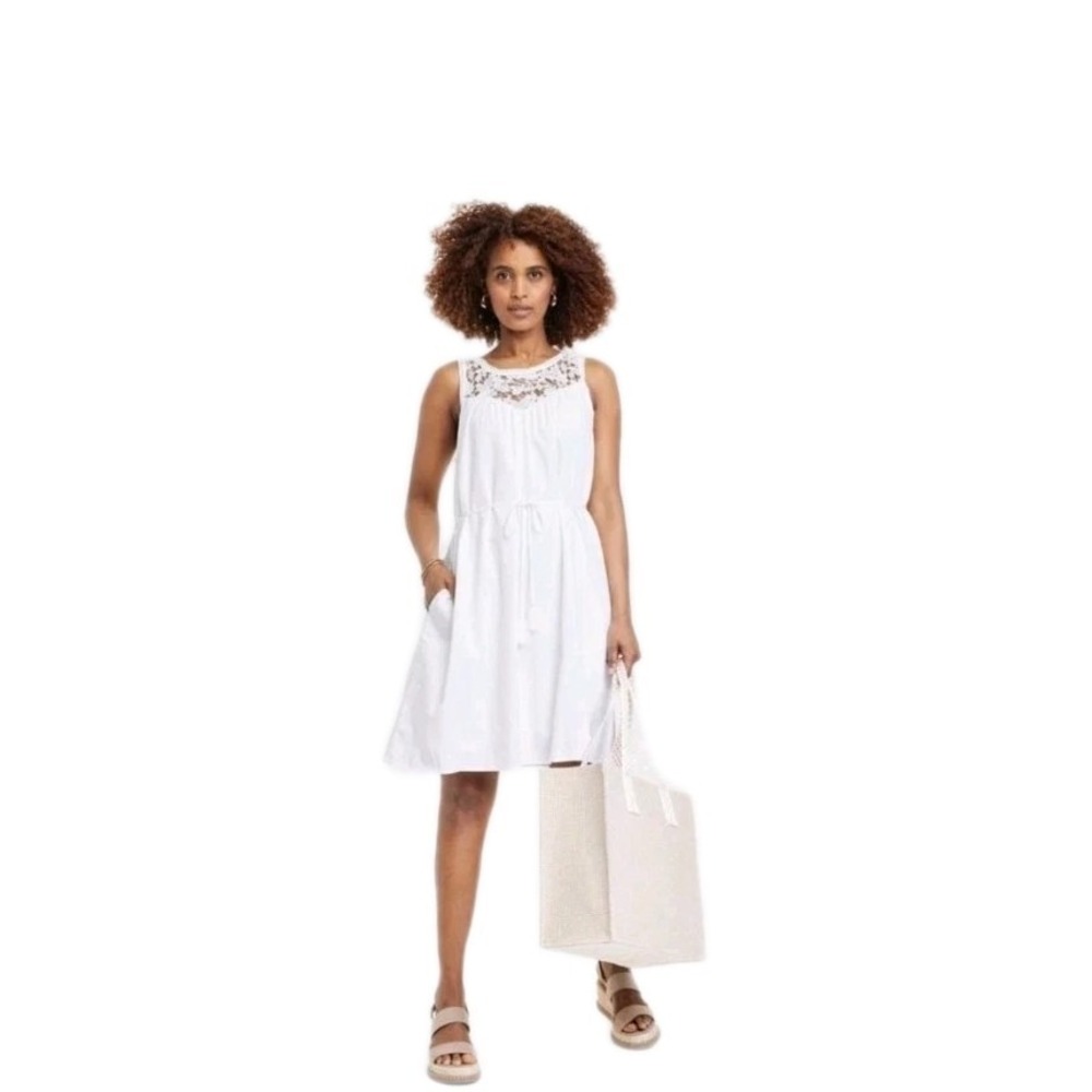 Knox Rose Women's XXL Sleeveless Dress Fresh White Lace Front‎ w/ Rope Belt